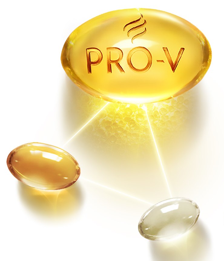 刻有 PRO-V 字樣的金色膠囊，向下分出兩顆透明小膠囊